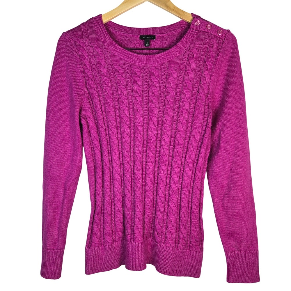 Talbots Womens Small Magenta Pink Cable Knit Shoulder Button Sweater